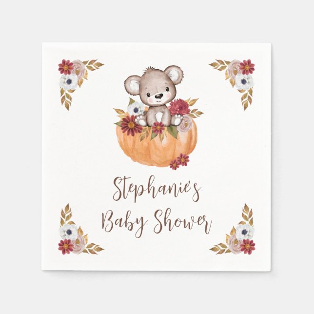 Teddy Bear Pumpkin Fall Floral Baby Dusche Serviette (Vorderseite)