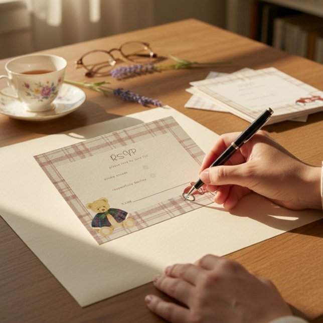 Teddy Bear Race Car Plaid Baby Shower RSVP Card (Von Creator hochgeladen)