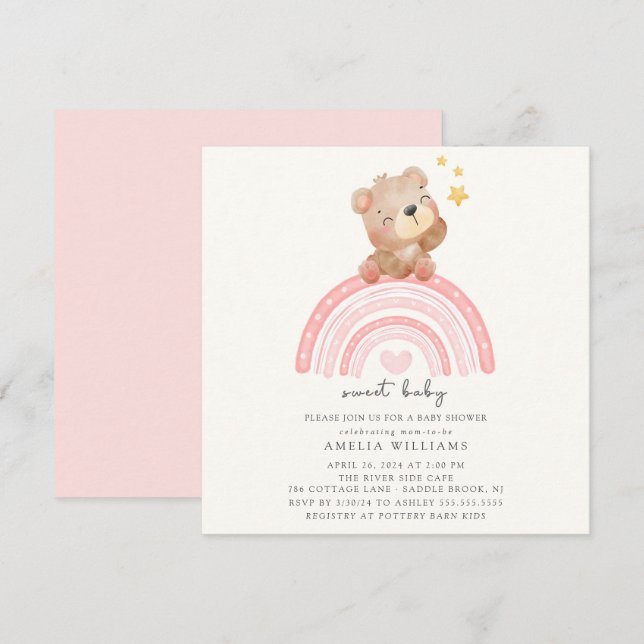 Teddy Bear Rainbow Baby Shower Einladung (Vorne/Hinten)