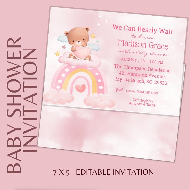 Teddy Bear Rainbow Girls Baby Shower Einladung (Von Creator hochgeladen)