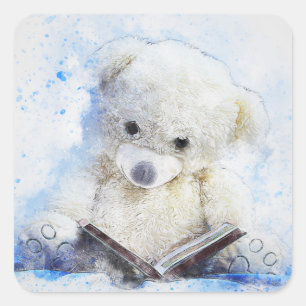 Teddy Bear Reading Classic Square Stickers