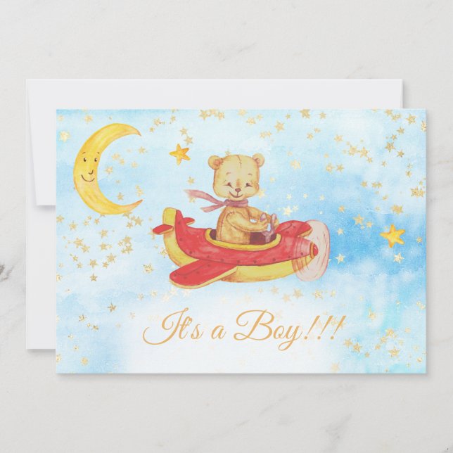*~* Teddy Bear Red Flugzeug Baby Stars Boy Dusche Einladung (Vorderseite)