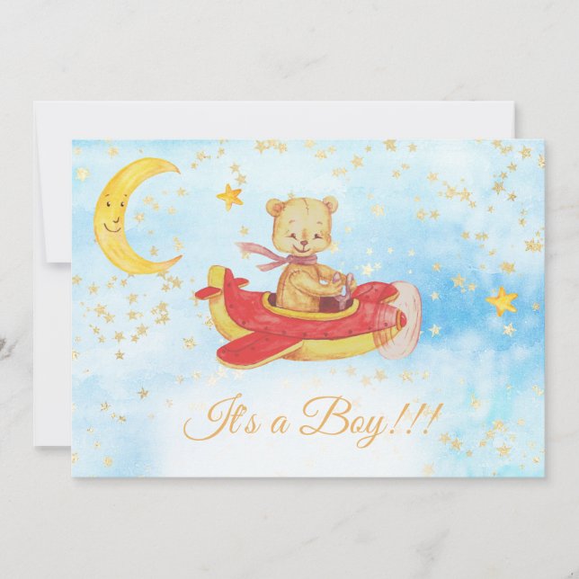 *~* Teddy Bear Red Flugzeug Baby Stars Boy Dusche Einladung (Vorderseite)