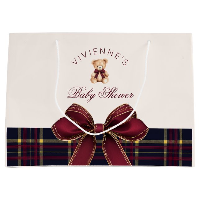 Teddy Bear Red Gold Bow Plaid Baby Shower Große Geschenktüte (Vorderseite)