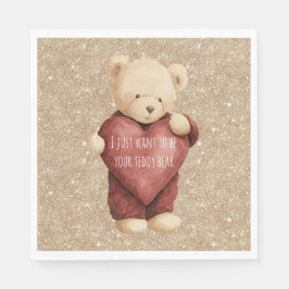 Teddy Bear Red Heart Gold Glitter Serviette