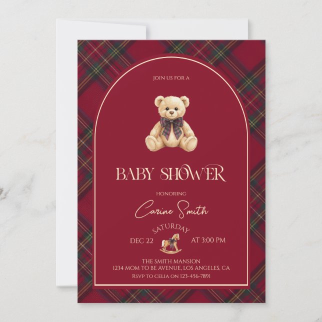 Teddy Bear red Luxury Vintage Baby Shower Einladung (Vorderseite)