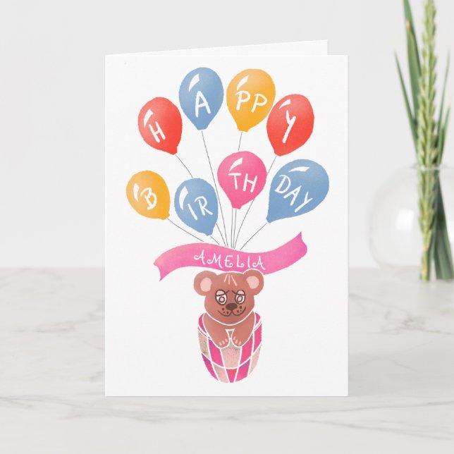Teddy Bear rose Balloons Girl Bonne carte d'annive (Devant)