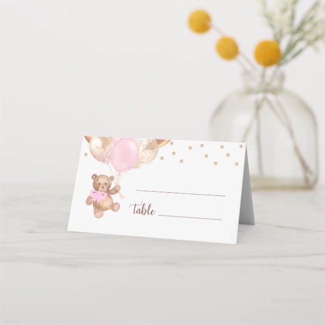 Teddy Bear Rose Gold Balloons Babydusche Platzkarte (Vorderseite)
