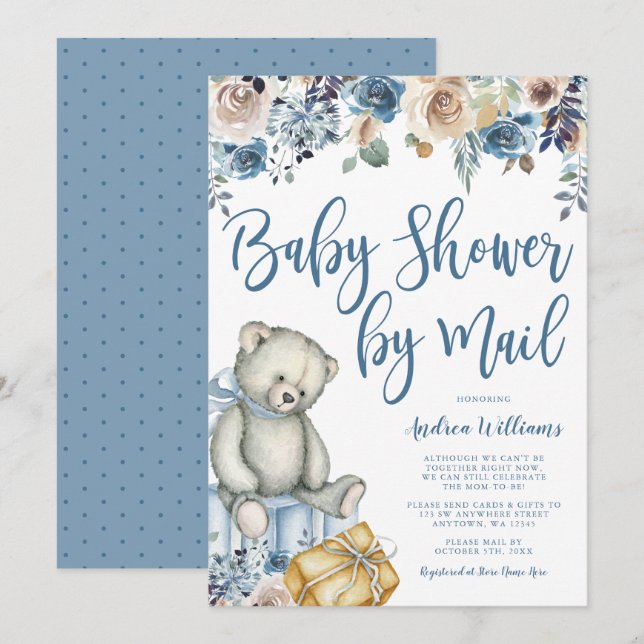 Teddy Bear Rustic Floral Boy Baby Shooter by Mail Einladung (Vorne/Hinten)