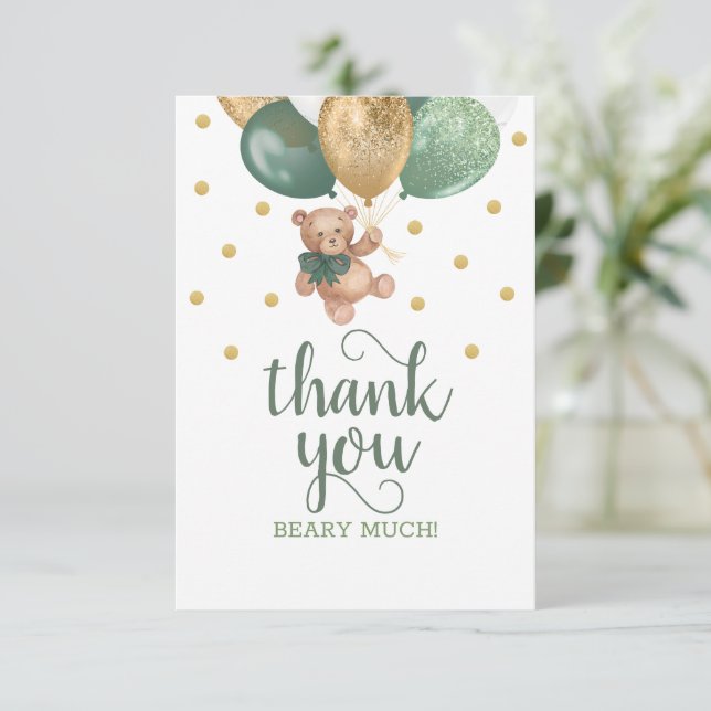 Teddy Bear Sage Green Baby Dusche Danke Karte (Stehend Vorderseite)