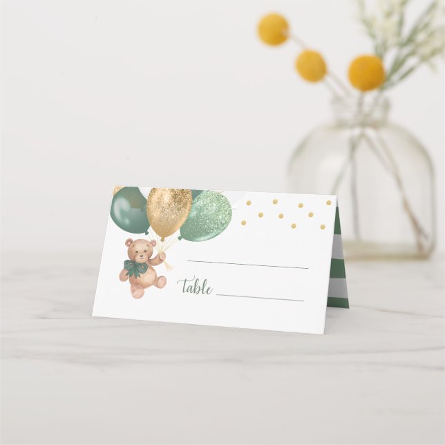 Teddy Bear Sage Green Balloons Babydusche Platzkarte (Vorderseite)