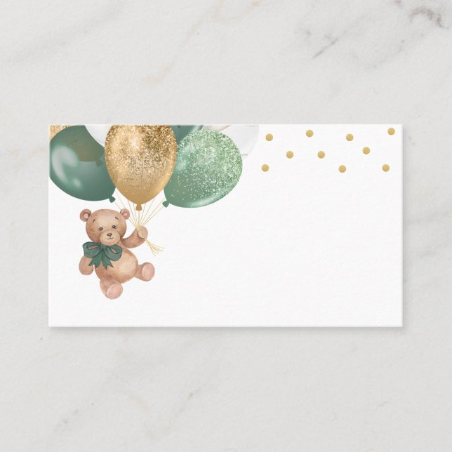 Teddy Bear Sage Green Balloons Babydusche Platzkarte (Vorderseite)