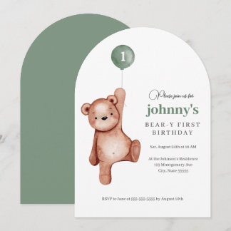 Teddy Bear Sage Green erste Geburtstagspartei Einladung