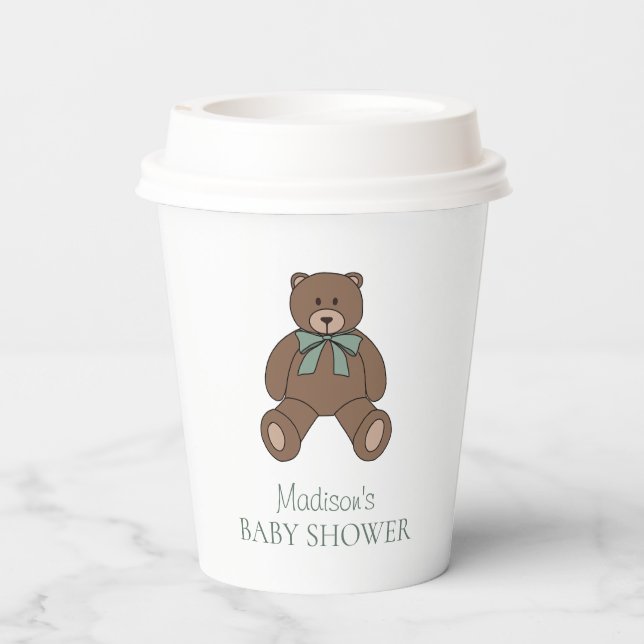 Teddy Bear Sage Green White with Name Baby Shower Pappbecher (Rückseite)