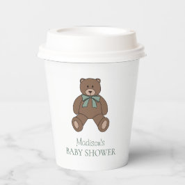Teddy Bear Sage Green White with Name Baby Shower Pappbecher