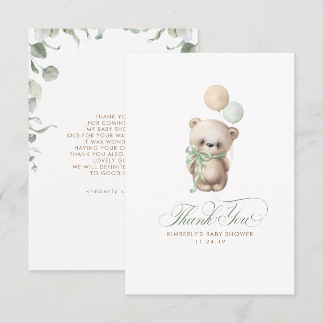 Teddy Bear Sage Greenerenery Baby Shower Vielen Da Dankeskarte (Vorne/Hinten)