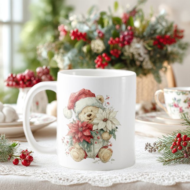 Teddy bear Santa Claus with Christmas flowers Kaffeetasse (Von Creator hochgeladen)