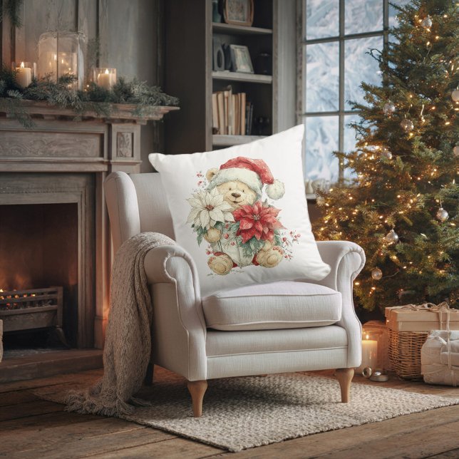 Teddy bear Santa Claus with Christmas flowers Kissen (Von Creator hochgeladen)
