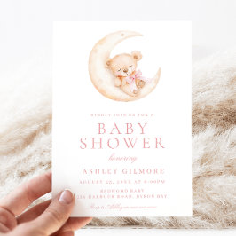 Teddy Bear Schlafen auf dem Mond Pink Baby Dusche Einladung
