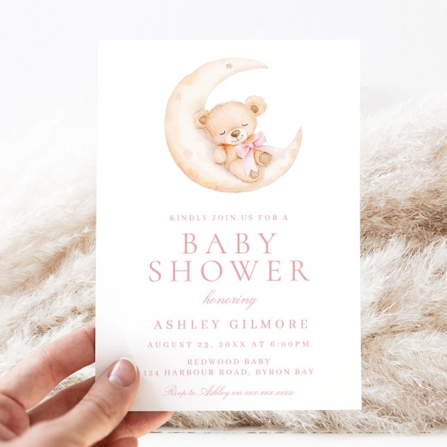 Teddy Bear Schlafen auf dem Mond Pink Baby Dusche Einladung (Von Creator hochgeladen)