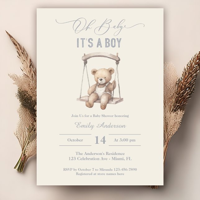 Teddy Bear Script Boho Baby Shower Boy Einladung (Von Creator hochgeladen)