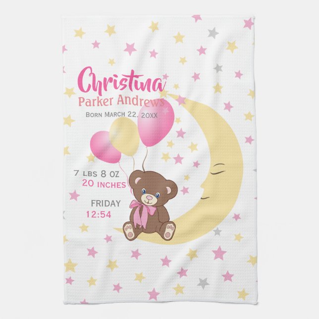 Teddy Bear sitzt auf dem Mond Baby Birth Stats Geschirrtuch (Vertikal)