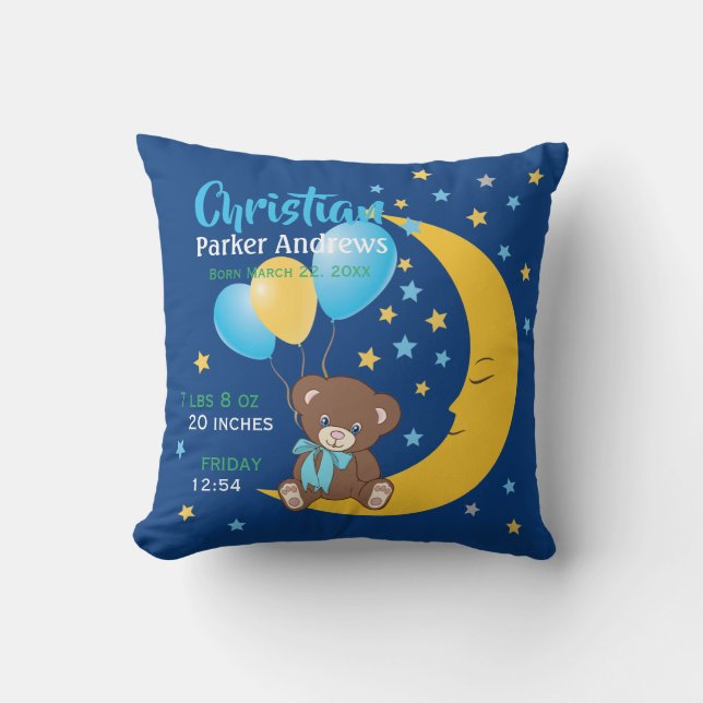 Teddy Bear sitzt auf dem Mond Baby Birth Stats Kissen (Vorderseite)