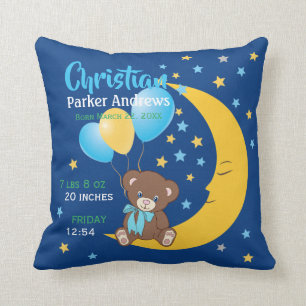 Teddy Bear sitzt auf dem Mond Baby Birth Stats Kissen