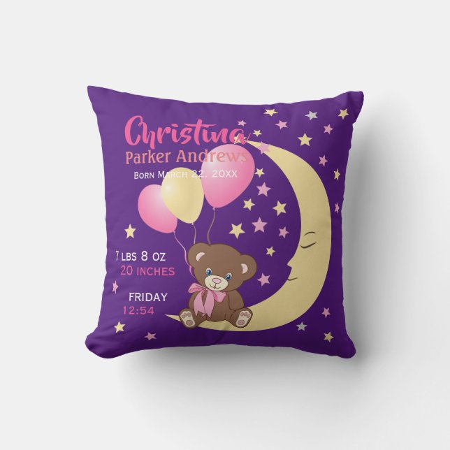 Teddy Bear sitzt auf dem Mond Baby Birth Stats Kissen (Vorderseite)