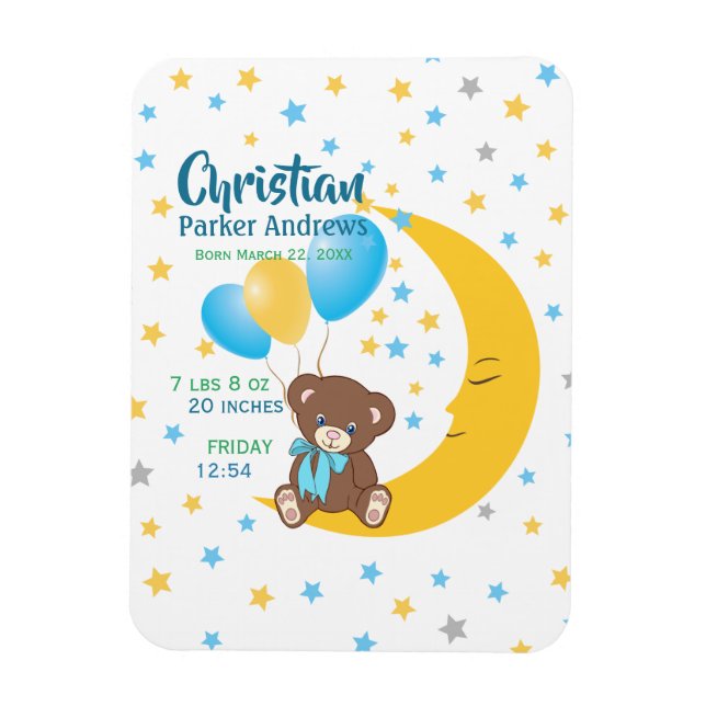 Teddy Bear sitzt auf dem Mond Baby Birth Stats Magnet (Vertikal)