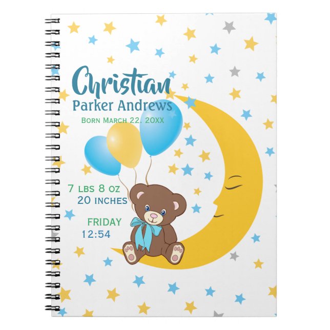 Teddy Bear sitzt auf dem Mond Baby Birth Stats Notizblock (Vorderseite)