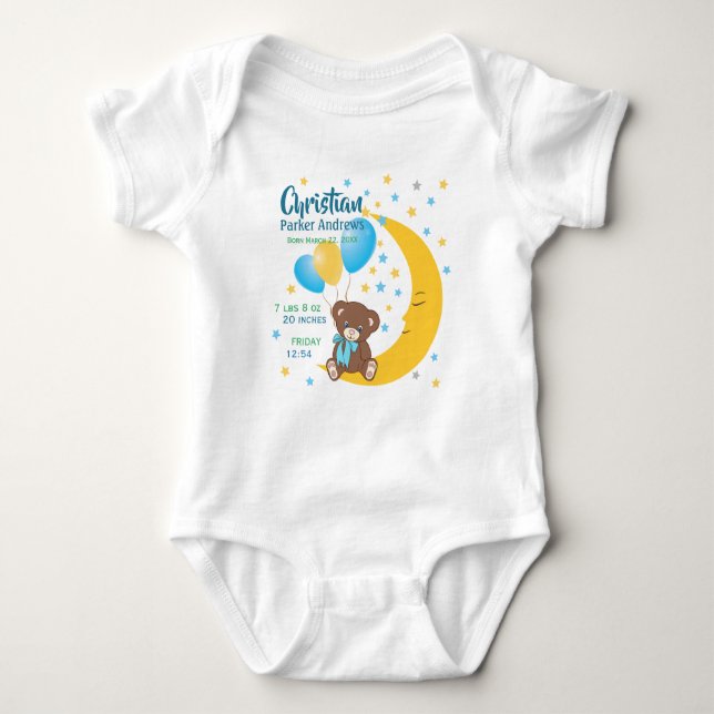 Teddy Bear sitzt auf dem Mond Baby Birth Stats Strampler (Vorderseite)