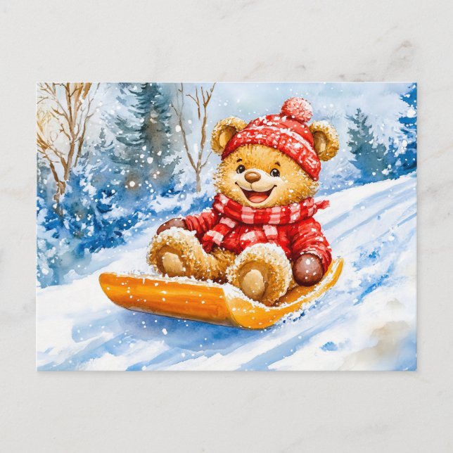 Teddy Bear Sledding Downhill in Winter Postkarte (Vorderseite)