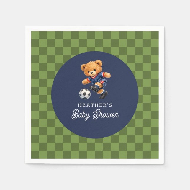Teddy Bear Soccer Sport Checkboard Baby Shower Serviette (Vorderseite)