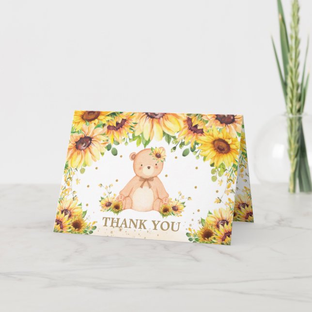 Teddy Bear Sonnenblume Blumenblume Baby Dusche Geb Dankeskarte (Vorderseite)
