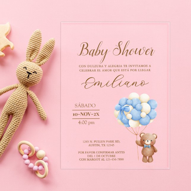 Teddy Bear Spanish Baby Dusche Balloons Acryleinladungen (Teddy Bear Spanish Baby Shower Balloons Acrylic Invitations)