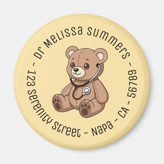 Teddy Bear Stethoscope Pediatrician Round Yellow Magnet (Vorne)