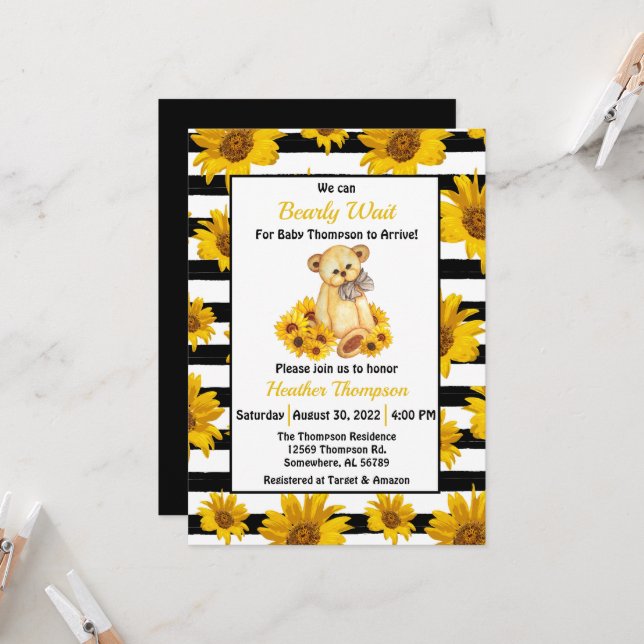 Teddy Bear Sunflower Baby Dusche Einladung (Vorderseite/Rückseite Beispiel)