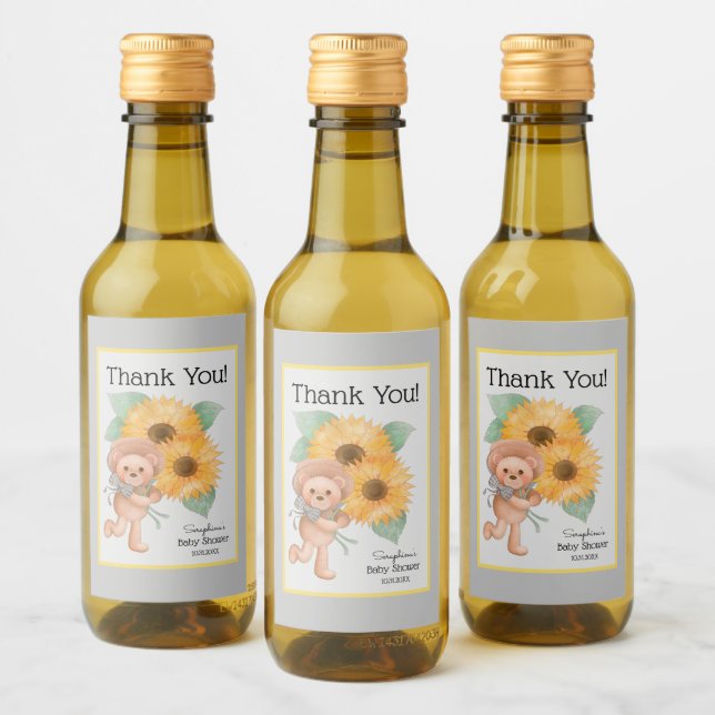Teddy Bear Sunflower Baby Dusche Vielen Dank Weinetikett (Flaschen)