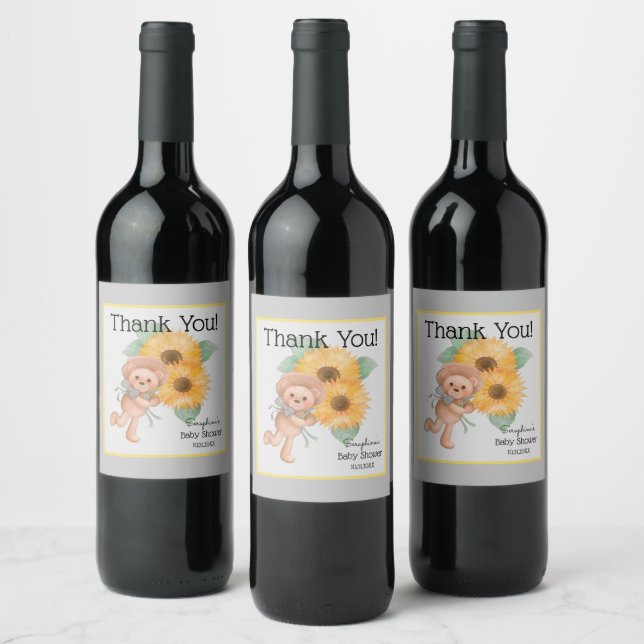 Teddy Bear Sunflower Baby Dusche Vielen Dank Weinetikett (Flaschen)