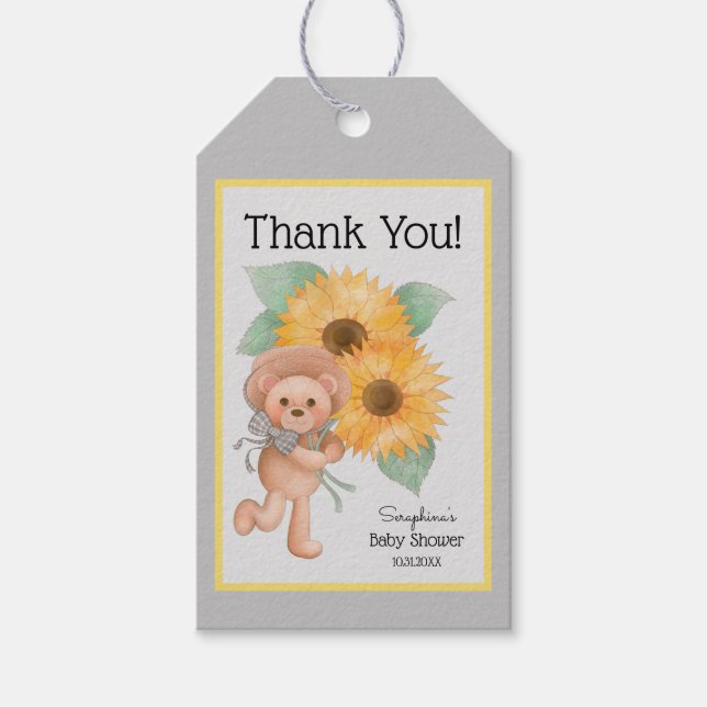 Teddy Bear Sunflower Picnic Baby Dusche Vielen Dan Geschenkanhänger (Vorderseite)