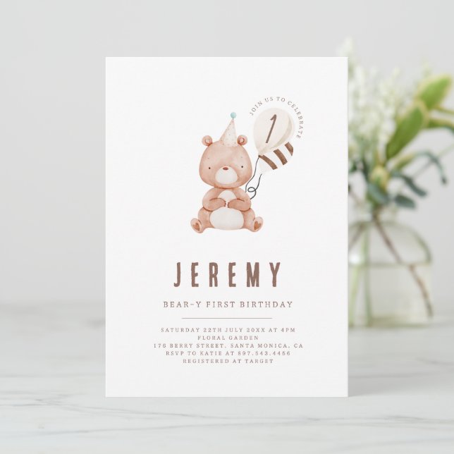 Teddy Bear Theme Neutral 1. Geburtstag Party Einladung (Stehend Vorderseite)