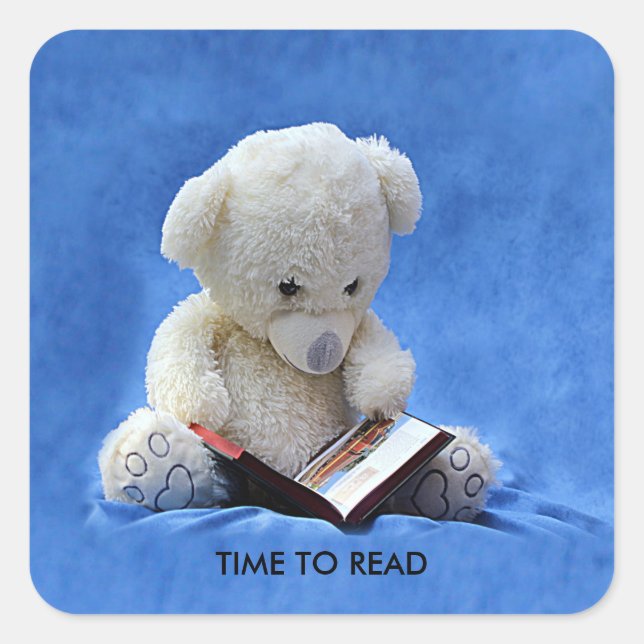 Teddy Bear Time to Read Blue Stuffed Animal, ZKOA Quadratischer Aufkleber (Vorderseite)