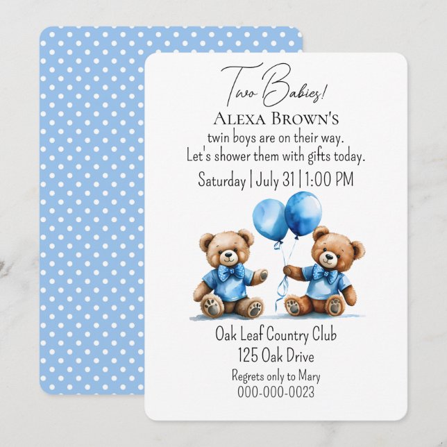 Teddy Bear Twin Baby Boy Dusche Einladung (Vorne/Hinten)