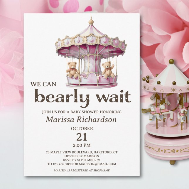 Teddy Bear Twin Girls Baby Shower Einladung (cute pink teddy bear we can bearly wait invitation for twin girls baby shower, custom invite)