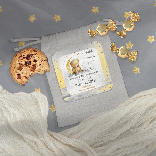 Teddy Bear Twinkle Twinkle Little Star Baby Dusche Quadratischer Aufkleber (Create an enchanting baby shower with our Teddy Bear Twinkle Twinkle Little Star collection.  )