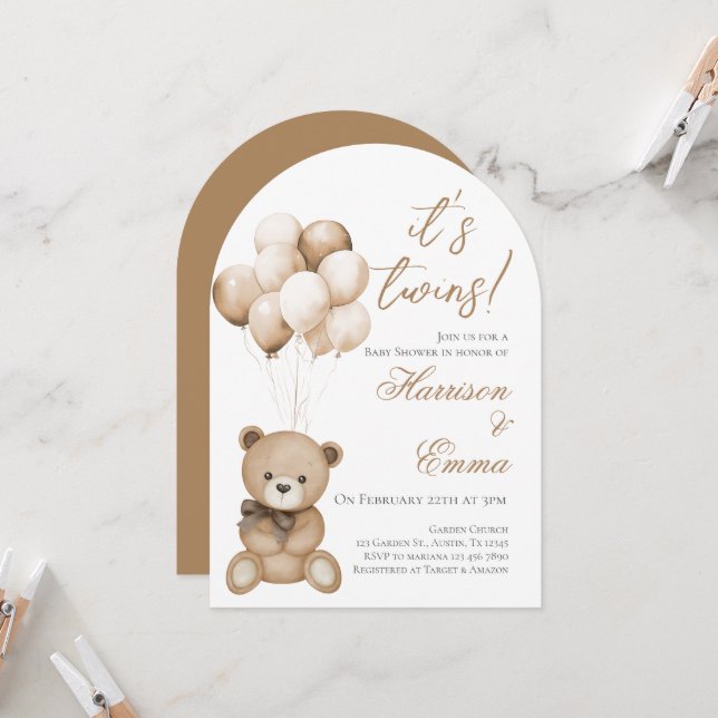 Teddy Bear Twins Baby Dusche Einladung (Vorderseite/Rückseite Beispiel)