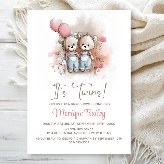 Teddy Bear Twins Baby Shower Einladung (Von Creator hochgeladen)