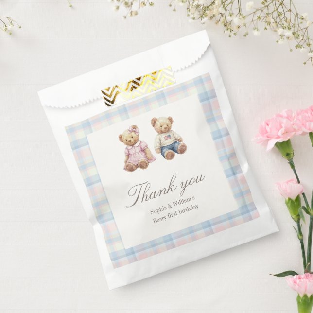 Teddy bear Twins Beary First Birthday Favor Bags Geschenktütchen (Versiegelt)