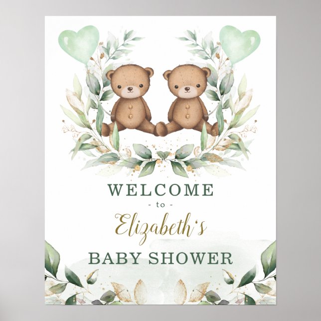 Teddy Bear Twins Grüne Gold Baby Dusche Willkommen Poster (Vorne)